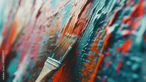 Close-up shot of a paintbrush or roller in action capturing. photo