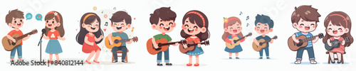 vector set of kid singing and playing guitar