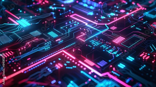 A colorful image of a circuit board with neon lights