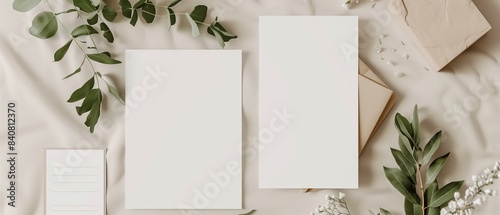 Blank paper sheet with green leaves flowers on beige fabric background, wedding letter stationery photo