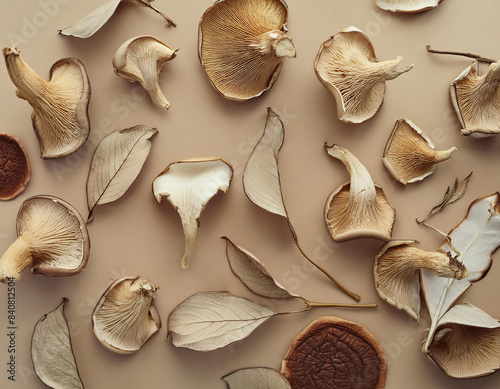 A minimalist pattern of dried porcini mushroom slices in beige tones, showcasing the simplicity of dehydrated food.