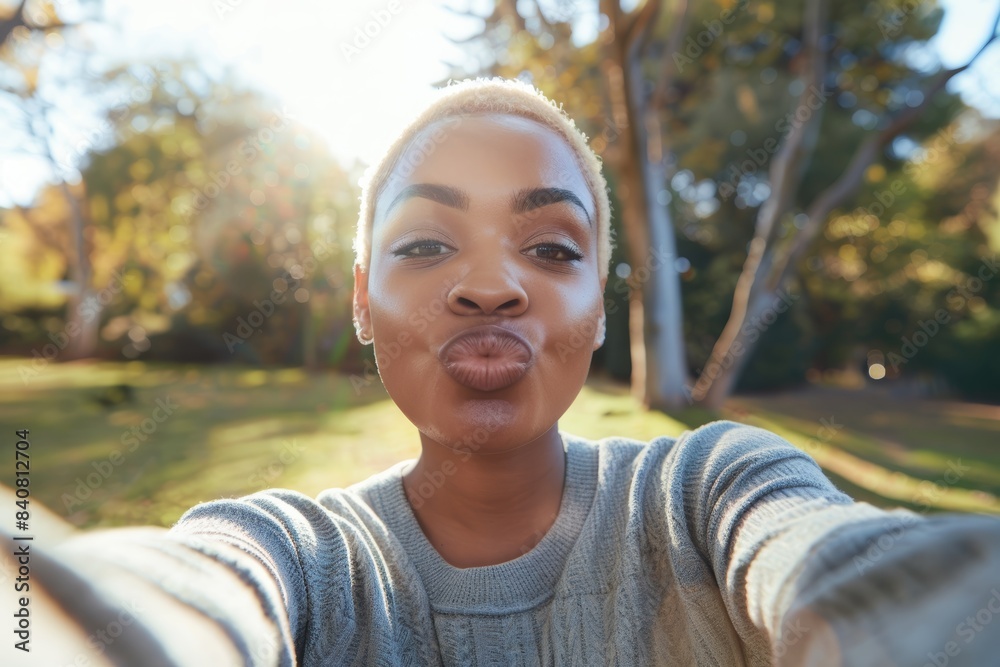 Black woman, phone, selfie with pout in park with trees, sunshine, and pleasure. Woman kissing smartphone for photo, outdoor and nature with pleasant, amusing, and relaxed face Black woman, phone, selfie with pout in park with trees, sunshine, and pleasure. Woman kissing smartphone for photo, outdoor and nature with pleasant, amusing, and relaxed face