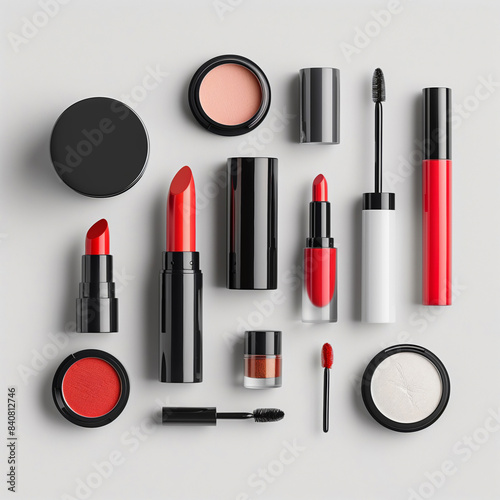 Flat lay of various red and black beauty products on a white background. Stylish arrangement showcasing modern makeup essentials.