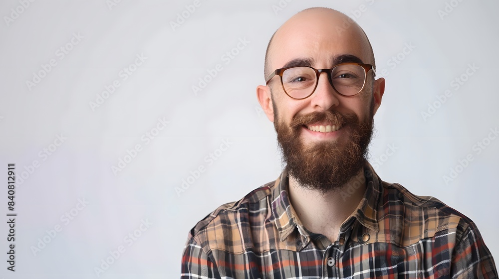Portrait of a bald happy bearded young man wearing glasses Portrait of a bald happy bearded young man wearing glasses