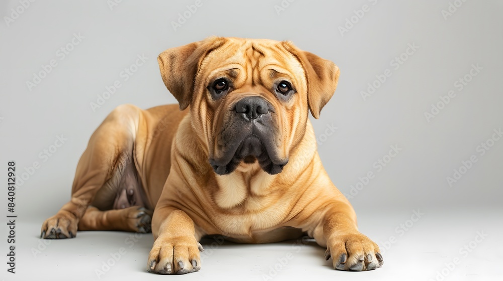 Bullmastiff dog breed lies on a white background. Photo of a relaxing dog in the studio Bullmastiff dog breed lies on a white background. Photo of a relaxing dog in the studio