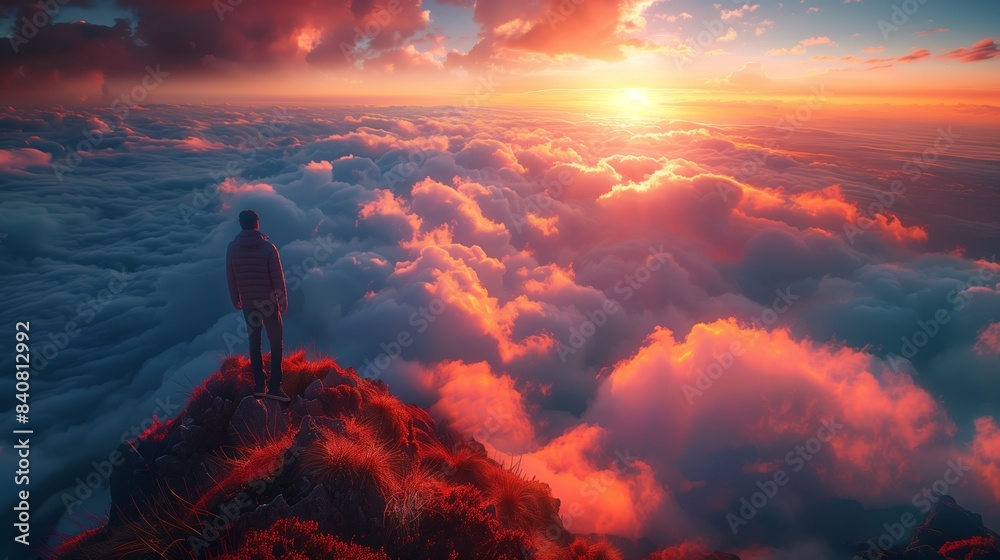 Obraz premium Man Standing on Top of Mountain Above Clouds