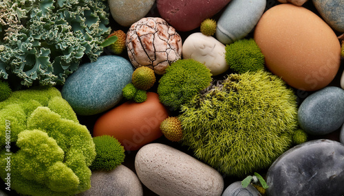 A natural background featuring an array of colorful pebbles adorned with lichens and mosses