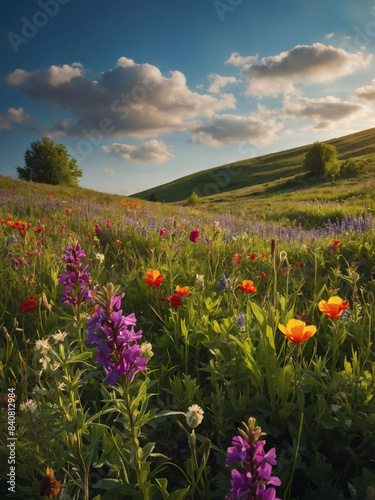 Lush spring meadow adorned with colorful wildflowers. © xKas