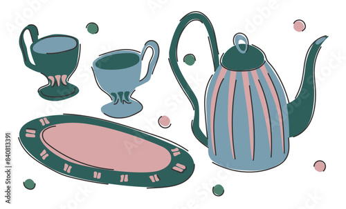 Set of illustrations for tea drinking. Elegant teapot, mugs, tray. Vector. Isolated objects.