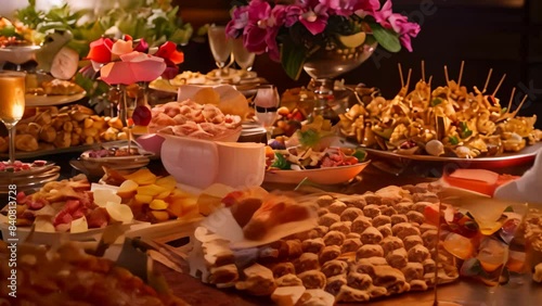 Diverse selection of appetizers and hors doeuvres neatly arranged on a table, showcasing different types of food, A tempting array of appetizers and hors d'oeuvres photo