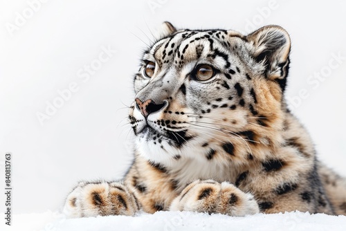 Face portrait of snow leopard - Irbis  Panthera uncia  isolated on white background