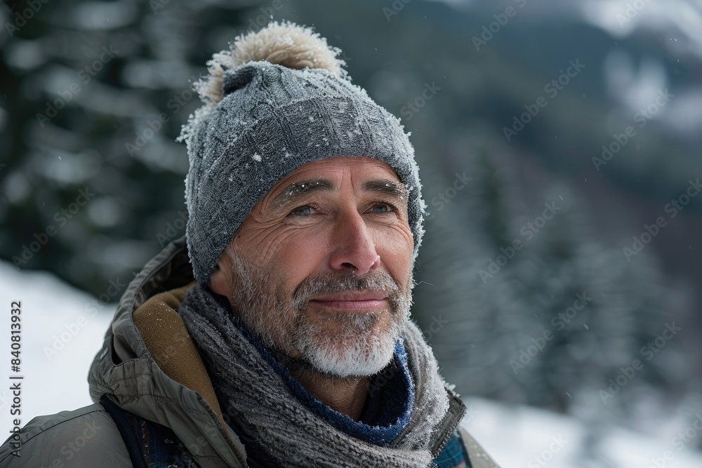 Close-up of a smiling man in winter clothes in a winter landscape Close-up of a smiling man in winter clothes in a winter landscape
