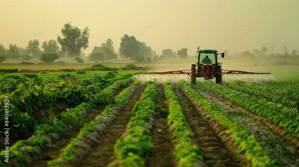 Agricultural scene where a tractor is spraying crops in the rows of a field during an early morning Agricultural scene where a tractor is spraying crops in the rows of a field during an early morning
