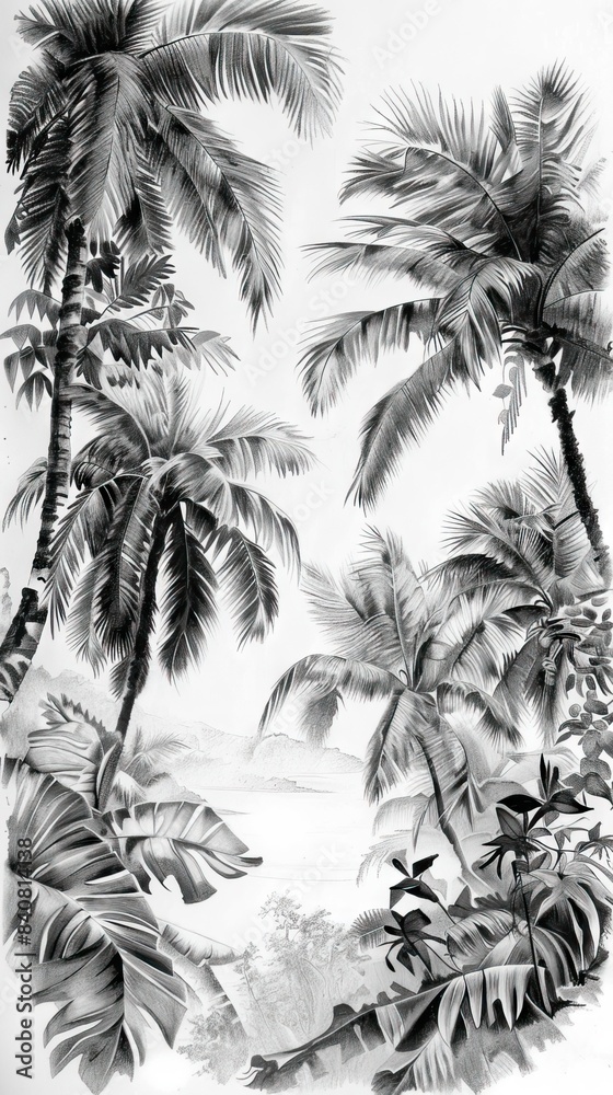 custom made wallpaper toronto digitalSeamless Border Hand Drawn Black and White Lithography Illustration Retro Style Design. Tropical wallapaper. AI generated illustration
