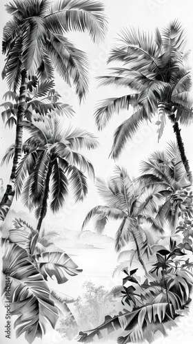 Wallpaper Mural Seamless Border Hand Drawn Black and White Lithography Illustration Retro Style Design. Tropical wallapaper. AI generated illustration Torontodigital.ca