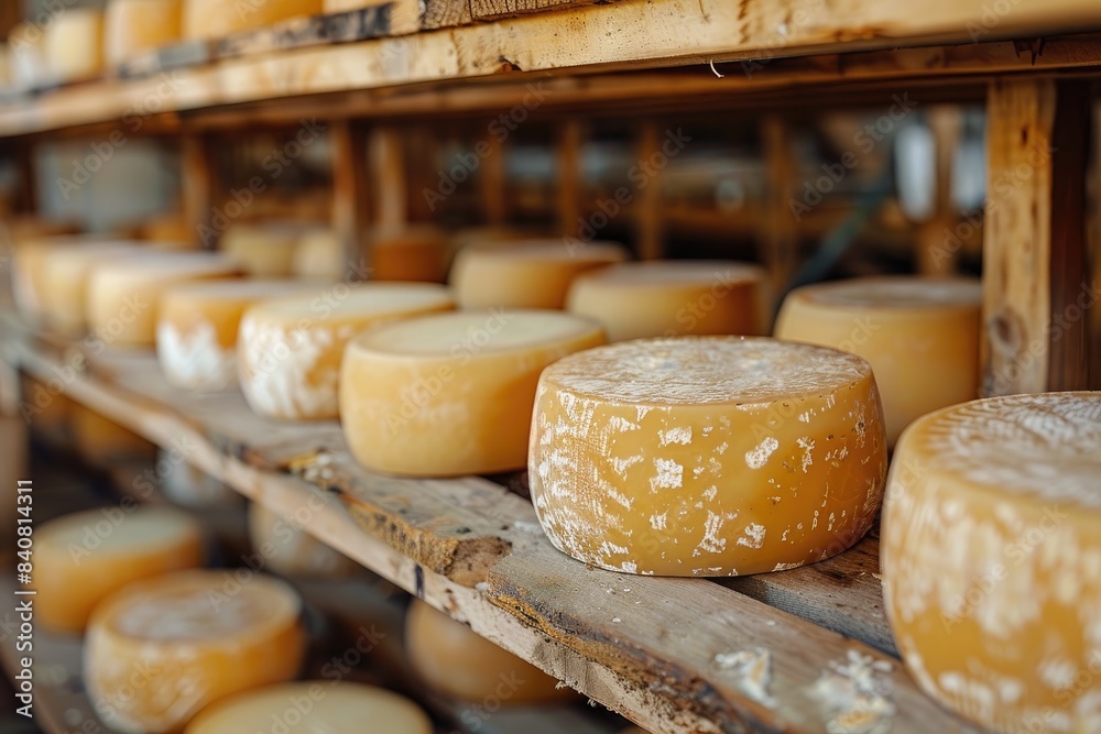 Rows of cheese wheels on wooden shelves Rows of cheese wheels on wooden shelves