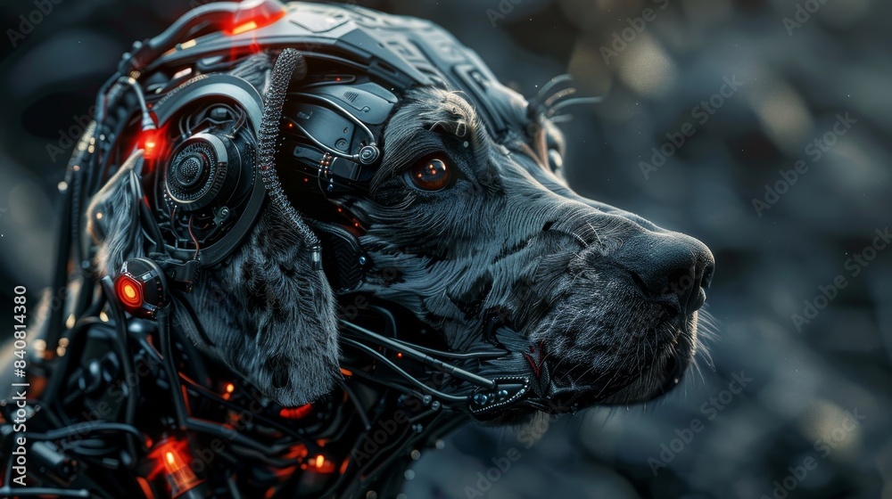 Obraz premium Dog with a cybernetic head, showcasing a blend of organic and mechanical elements. The dog appears to be a large breed with a black and grey coat