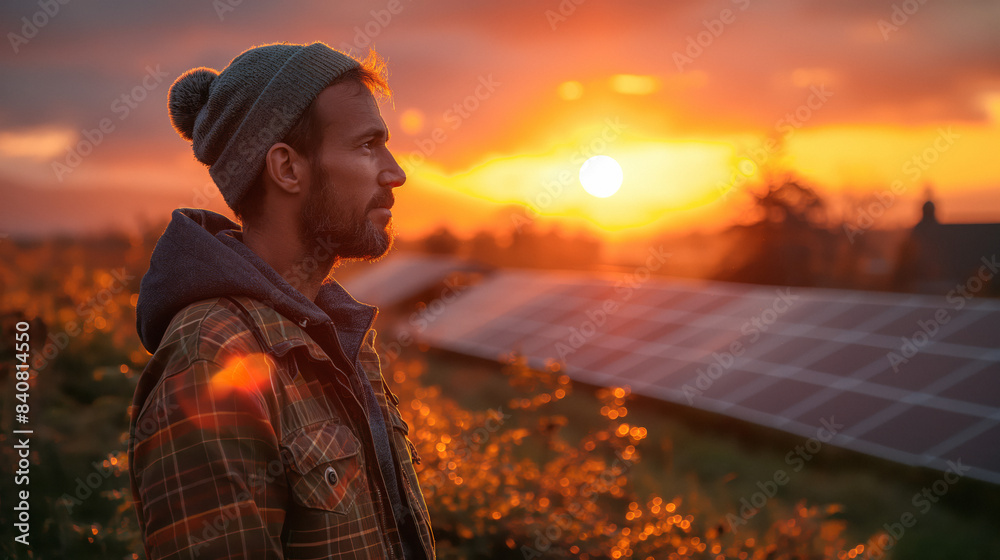 farmer in field with solar panels farmer in field with solar panels
