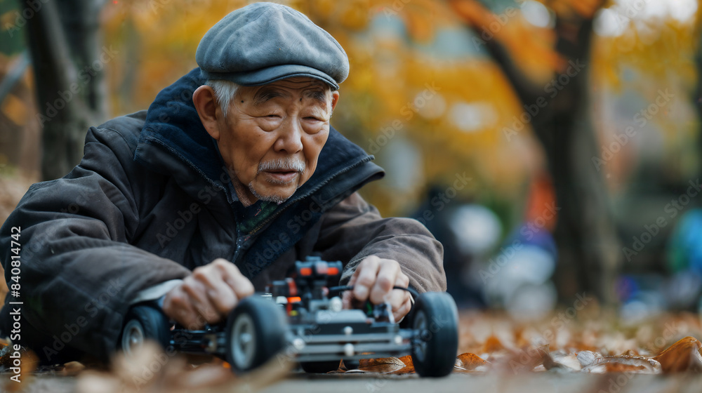 Fototapeta premium Elderly Asian Man Taking Part in Competitive Remote-Control Car Racing