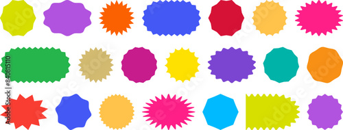 Badge star, sticker starburst shape, sale price tag, colorful sun, circle and oval label, round discount icon isolated on white background. Color vintage banner set. Vector illustration