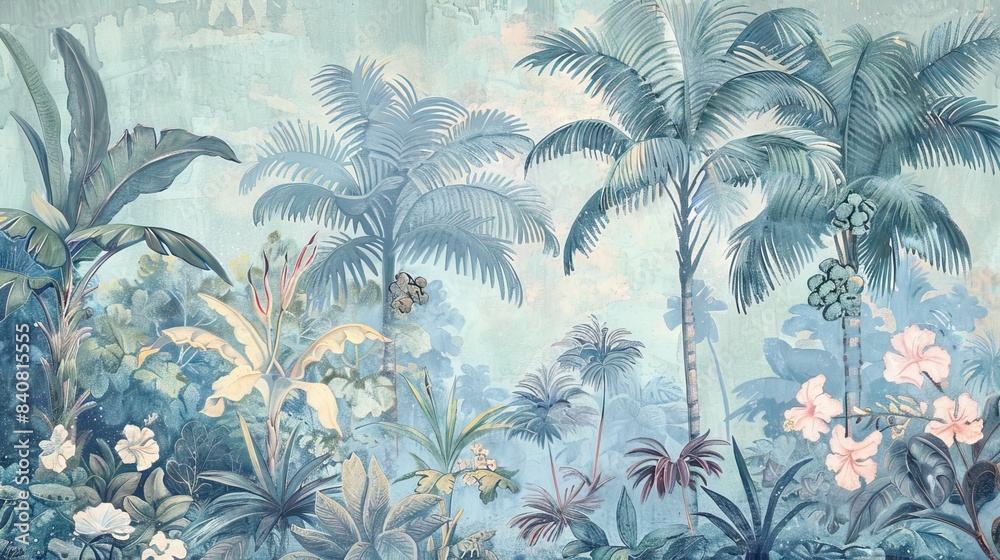 Illustration of tropical wallpaper print design with palm leaves, monstera leaves, birds and texture. Exotic plants and birds on textured background. AI generated illustration Illustration of tropical wallpaper print design with palm leaves, monstera leaves, birds and texture. Exotic plants and birds on textured background. AI generated illustration