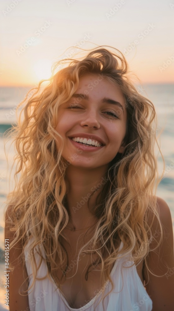 Beautiful woman portrait with blonde curls and a beautiful smile. Seascape at dawn. Close-up portrait of a woman on the beach. Beautiful woman portrait with blonde curls and a beautiful smile. Seascape at dawn. Close-up portrait of a woman on the beach.