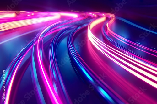 3d render motion line of speed and power or light trails. High-speed light with curve movement beam. 5G Technology fast and futuristic background. Abstract motion blur 