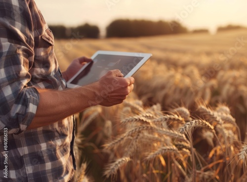 A farmer holding a tablet with digital images of a wheat field in the style of modern farm management. © DWN Media