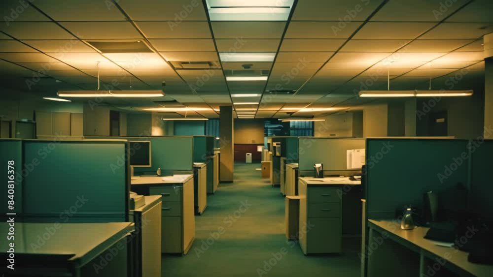 An empty office space with rows of cubicles and computer screens, devoid of any human activity, A traditional office space with cubicles and fluorescent lighting