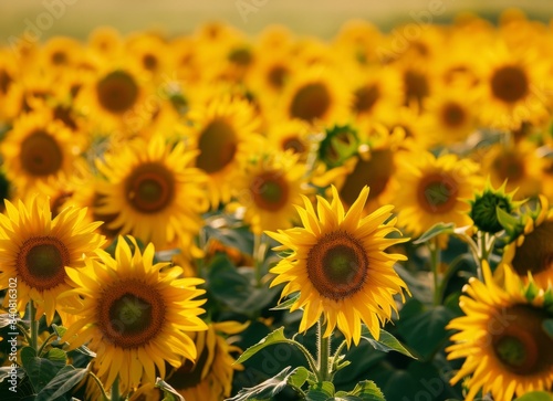 A field of vibrant yellow sunflowers  their petals facing the sunlight in full bloom.