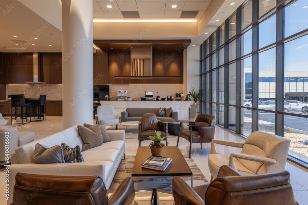 Luxurious Waiting Area in High-End Car Service Center with Premium Seating and Refreshments Luxurious Waiting Area in High-End Car Service Center with Premium Seating and Refreshments