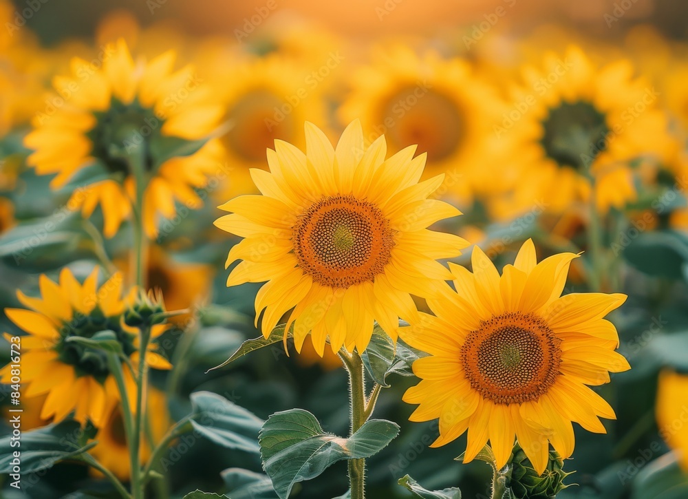 Fototapeta premium A field of vibrant yellow sunflowers, their petals facing the sunlight in full bloom.