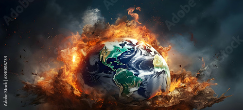 the earth is on fire in this image. A picture of a planet with fire and the earth in the middle Earth with a world in the background