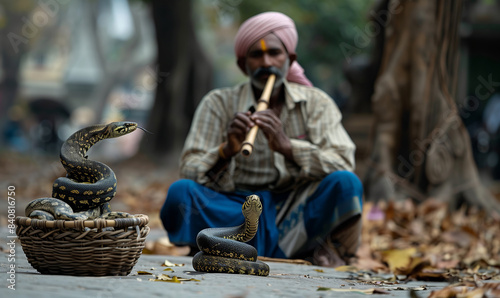 Snake charmer playing flute in outdoor setting with cobras in basket and on ground. Traditional Indian cultural practice. Street performance concept for design and print. 