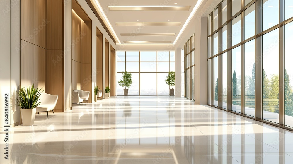 Fototapeta premium A beautiful modern spacious office hall with panoramic windows and a perspective in pleasant natural beige and brown tones