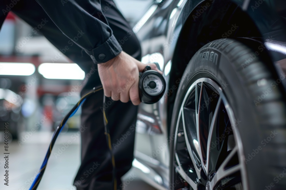 Mechanic Checking Tire Pressure with Digital Gauge for Accurate Car Maintenance Mechanic Checking Tire Pressure with Digital Gauge for Accurate Car Maintenance