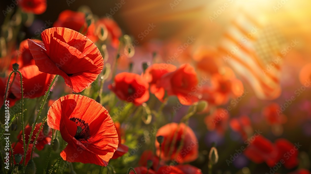 Obraz premium A field of red poppies with a flag in the background