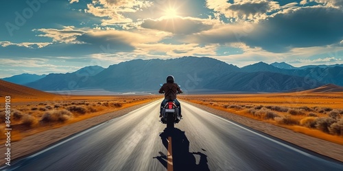 Thrilling shot of a lone motorcyclist on a wide, open road, highlighting the freedom and excitement of riding on a long, straight path, Generative AI