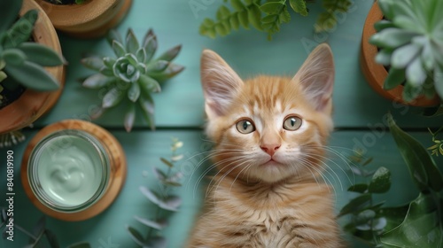 Orange Tabby Kitten Among Succulents on a Teal Surface