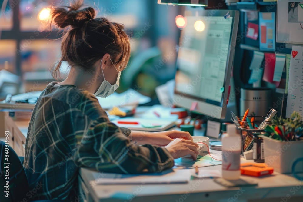 Office Worker Using Hand Sanitizer and Wearing Face Mask for Health Precautions in the Workplace Office Worker Using Hand Sanitizer and Wearing Face Mask for Health Precautions in the Workplace