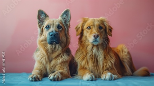 Two Dogs Sitting On A Blue Blanket In Front Of A Pink Wall