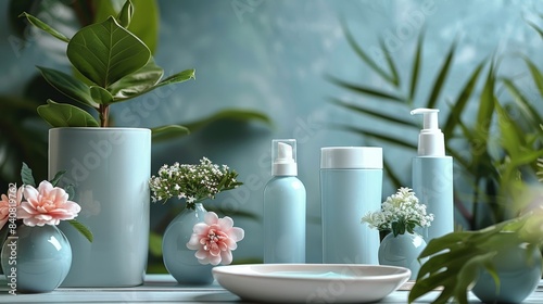 Blue And White Bathroom Products With Greenery And White Flowers