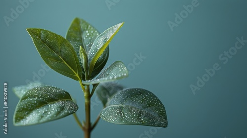Closeup of Green Plant Leaves With Water Drops on Teal Background © olegganko