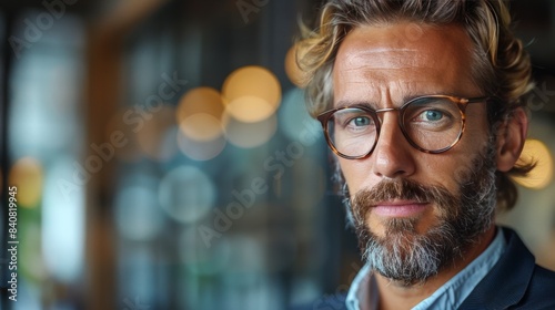 Portrait of a Man With a Beard and Glasses in a Cafe