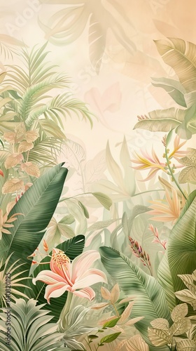Illustration of tropical wallpaper print design with palm banana leaves and birds on canvas texture. Tropical plants and birds on textured background. AI generated illustration © moon