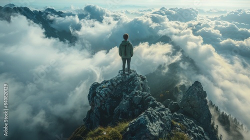 Solitary Figure Standing Above the Clouds on a Mountain Peak