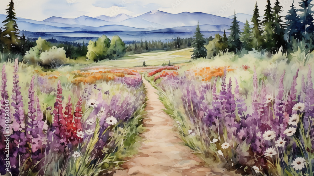 Obraz premium Watercolor landscape, winding path through a field of wildflowers, leading towards a distant mountain range