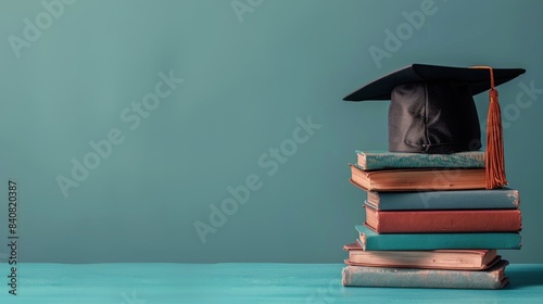 Graduation Cap, Books, and Glasses on a Blue Desk