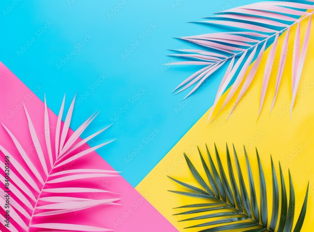 A vibrant background with bright blue, pink and yellow colors, featuring palm leaves in white on the right side. A vibrant background with bright blue, pink and yellow colors, featuring palm leaves in white on the right side.