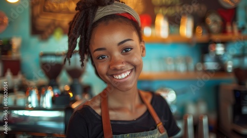 A youthful barista with a beaming smile dressed in an apron in a vibrant café